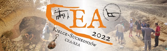 Logo konferencji CEA 2022. W tle wykopaliska archeologiczne i neolityczna kopalnia w Krzemionkach