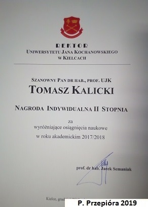 Rector's Awards for Tomasz Kalicki - 2018